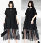 透けレース切り替え ロング丈ワンピース フリル付き ブラック 大きいサイズ