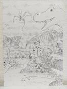 オリジナルイラスト 手描きイラスト 恐竜 植物 女の子 ハンドメイド インテリア 絵 モノクロ 原画 アナログ アート 自作 白黒
