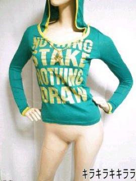 《New》スター型ネックレス付★背中ガン開き*フード付ロンTee<グリーンM>