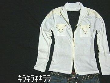 《New》フェイクレザー★スタッズ使い/ωジッパー・カジュアル*ロンTee<ホワイトL>