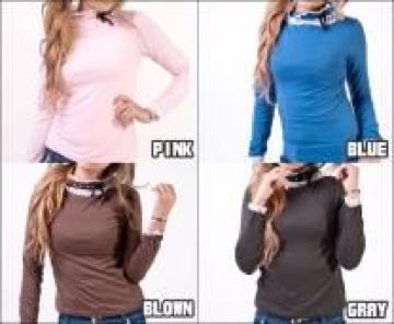 《New》ナチュラル★レース&リボンフリル.ビジュー付・ハイネック*カットソー<ブルー>