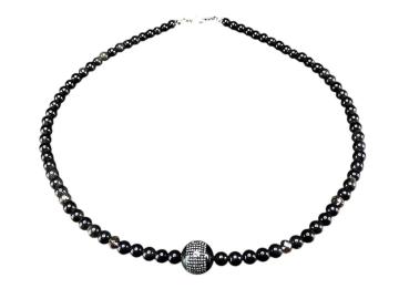 心経彫り銀文字オブシディアン14mm6mm茶水晶ボタン天然石ネックレス