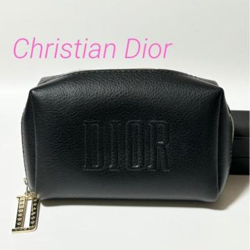 美品 DIOR Christian Dior クリスチャン ディオール コスメポーチ マルチポーチ レザー ブラック