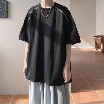 ゆったり 男女兼用 tシャツ  肩ファスナー付き ロング丈 ブラック 大きいサイズ