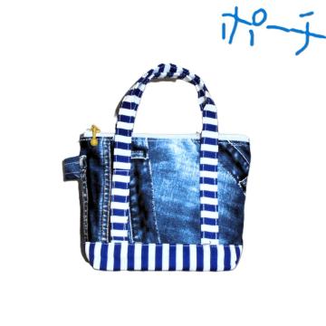 ◆ミニ◆デニムポケット柄インディゴブルー×白紺ストライプ◆ファスナーバッグ型ポーチ 小物入れに