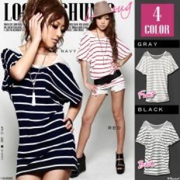 【夢展望】可愛い♪Sexy レース切替ボーダードルマンチュニックワンピ ブラック(白×黒)