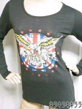 《New》Popteen掲載★ユニオンジャック柄・ラインストーン*ロンTee<ブラックL>