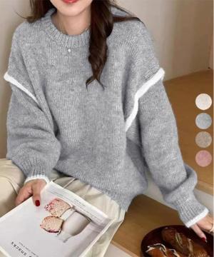 送料無料 新品 ゆったりニットトップスラウンドネック冬服