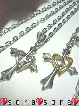 LOVE【プラチナ】2way♪ハートクロスペアネックレスセット シルバー×ゴールド 箱付