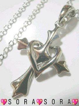 【プラチナ】2way♪ハートクロスネックレス 巾着袋付 シルバー