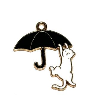 217 黒い傘に白猫 1個 エナメルチャーム パーツ ねこ◯