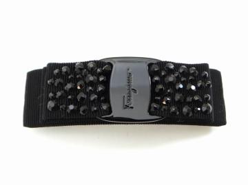 FERRAGAMO フェラガモ ヴァラ リボン ラインストーン バレッタ ヘアアクセサリー ブラック<新品同様品>【送料無料】