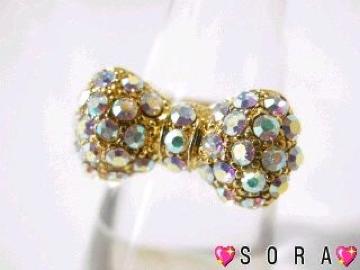 激カワ♪キラキララインストーン ゴールドリボンリング