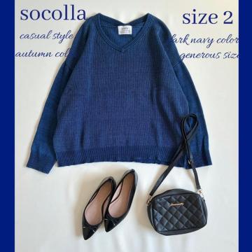 ◆極美品◆socolla◆ウォッシュデニム風Vネックニット◆ネイビー◆ゆったり◆