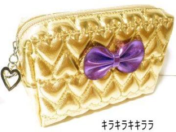 《New》リボン付★キラキラ*ハートキルティングポーチ<ゴールド>