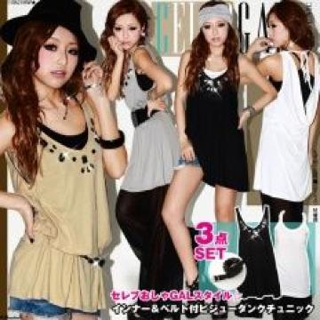 【夢展望】可愛い 胸元Rich♪ビジュー付タンクチュニック3点セット ブラック
