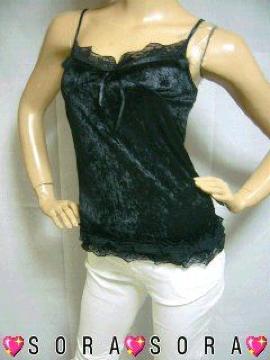 可愛い♪光沢感 胸元ラビットファー&刺繍フリルレース 裾フリルレース ベロアキャミソール ブラック