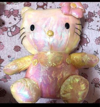 長期自宅保管★ピンクオーロラ色キティ★33cm大きめのぬいぐるみ