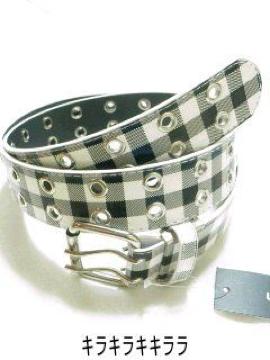 《New》キレカジ★エナメル*チェック柄・Wピン(2連ハトメ)ベルト<ブラックxホワイト>