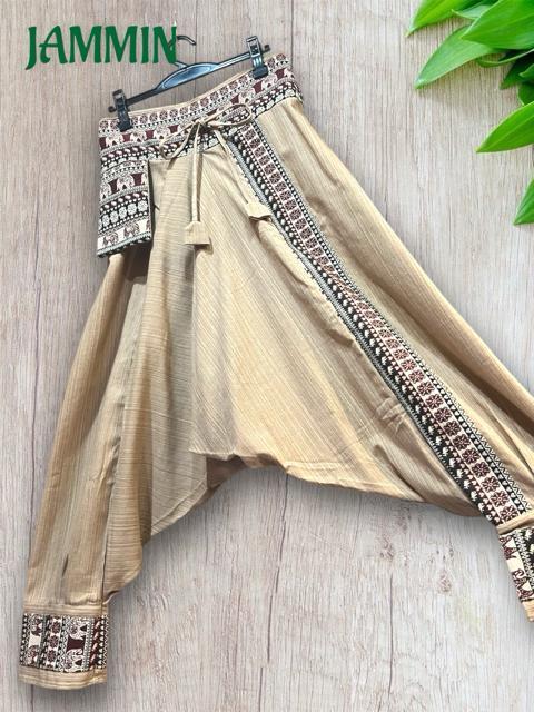 織り柄生地付きサルエルパンツ ベージュ アジアン エスニック 男女兼用 < 男性ファッション 織り柄生地付きサルエルパンツ ベージュ アジアン エスニック 男女兼用 < 男性ファッションの