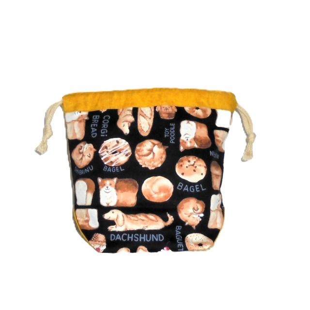 【底マチ幅が広い巾着】◆犬パン◆ダックスフンド・柴犬×イエロー◆裏地あり巾着 < 女性ファッション 【底マチ幅が広い巾着】◆犬パン◆ダックスフンド・柴犬×イエロー◆裏地あり巾着 < 女性ファッションの