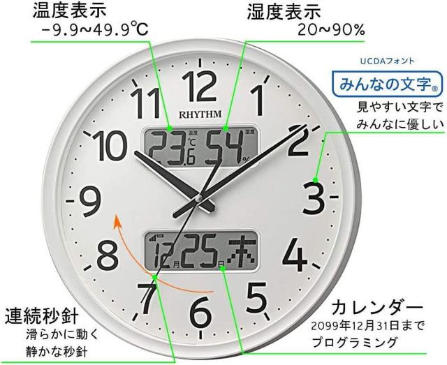 リズム(RHYTHM) 掛け時計 白 Φ35x5.3cm 電波 アナログ 連続秒針 温度 湿度 カレンダー 8FYA03SR03 < インテリア/ライフ  リズム(RHYTHM) 掛け時計 白 Φ35x5.3cm 電波 アナログ 連続秒針 温度 湿度 カレンダー 8FYA03SR03 < インテリア/ライフの