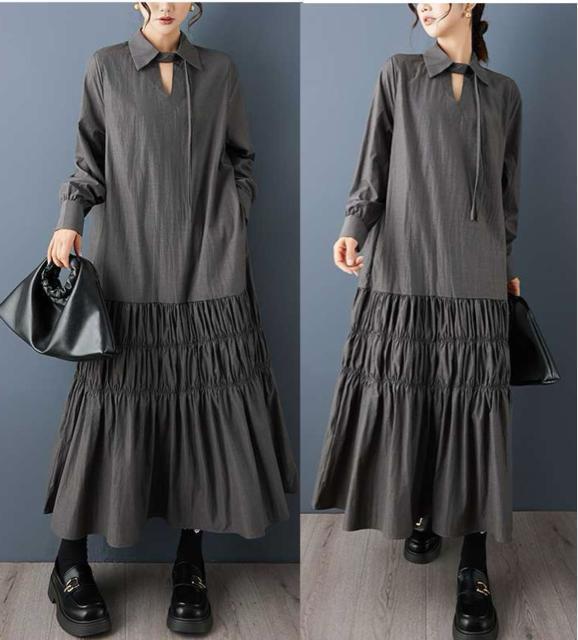 ロング丈 ワンピース 紐リボン付き ダークグレー 大きいサイズ < 女性ファッション ロング丈 ワンピース 紐リボン付き ダークグレー 大きいサイズ < 女性ファッションの