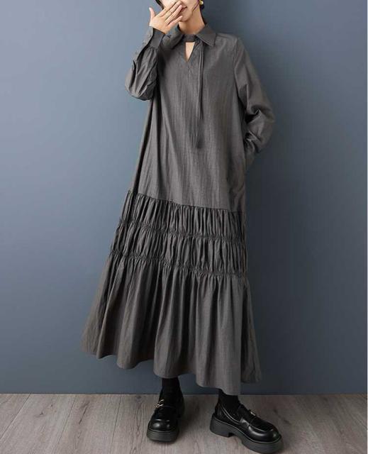 ロング丈 ワンピース 紐リボン付き ダークグレー 大きいサイズ < 女性ファッション ロング丈 ワンピース 紐リボン付き ダークグレー 大きいサイズ < 女性ファッションの