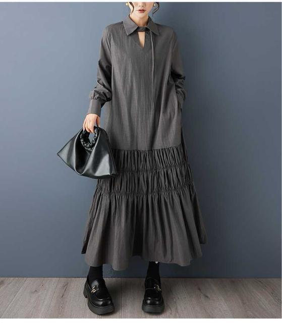 ロング丈 ワンピース 紐リボン付き ダークグレー 大きいサイズ < 女性ファッション ロング丈 ワンピース 紐リボン付き ダークグレー 大きいサイズ < 女性ファッションの