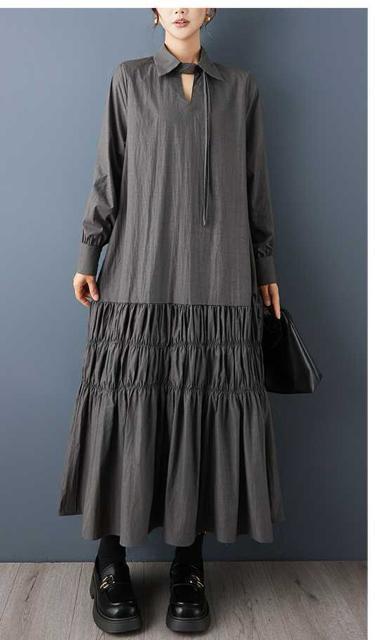 ロング丈 ワンピース 紐リボン付き ダークグレー 大きいサイズ < 女性ファッション ロング丈 ワンピース 紐リボン付き ダークグレー 大きいサイズ < 女性ファッションの