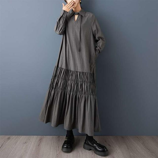 ロング丈 ワンピース 紐リボン付き ダークグレー 大きいサイズ < 女性ファッション ロング丈 ワンピース 紐リボン付き ダークグレー 大きいサイズ < 女性ファッションの