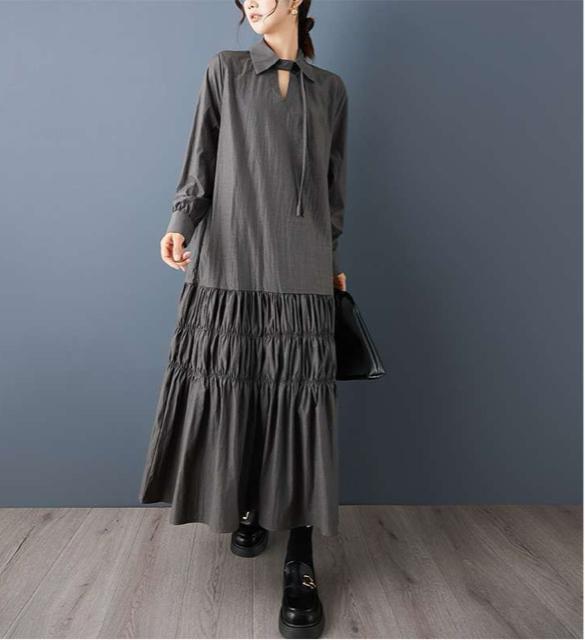 ロング丈 ワンピース 紐リボン付き ダークグレー 大きいサイズ < 女性ファッション ロング丈 ワンピース 紐リボン付き ダークグレー 大きいサイズ < 女性ファッションの