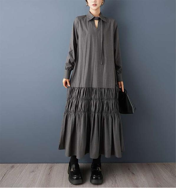 ロング丈 ワンピース 紐リボン付き ダークグレー 大きいサイズ < 女性ファッション ロング丈 ワンピース 紐リボン付き ダークグレー 大きいサイズ < 女性ファッションの