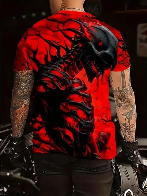 超お買い得890円★メンズ グラフィックプリントTシャツ - 大胆な赤と黒の炎スカルデザイン USAサイズM(日本サイズXL相当) < 男性ファッション  超お買い得890円★メンズ グラフィックプリントTシャツ - 大胆な赤と黒の炎スカルデザイン USAサイズM(日本サイズXL相当) < 男性ファッションの