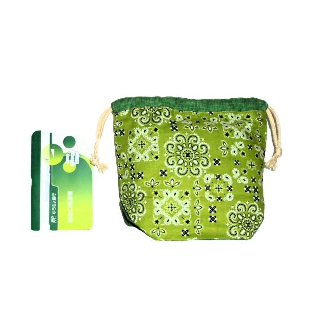 【底マチ幅が広い巾着】◆バンダナ柄グリーン緑◆裏地あり巾着 < 女性ファッション 【底マチ幅が広い巾着】◆バンダナ柄グリーン緑◆裏地あり巾着 < 女性ファッションの