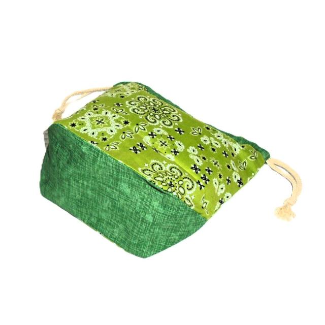 【底マチ幅が広い巾着】◆バンダナ柄グリーン緑◆裏地あり巾着 < 女性ファッション 【底マチ幅が広い巾着】◆バンダナ柄グリーン緑◆裏地あり巾着 < 女性ファッションの