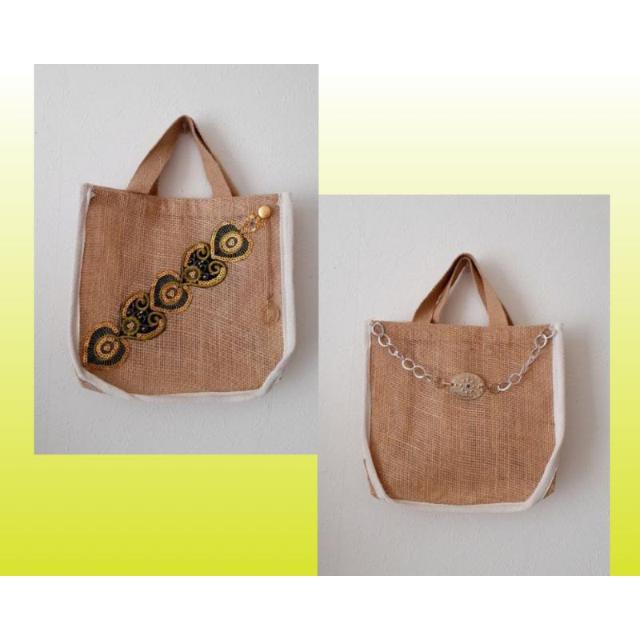 ハンドメイド◆新品 1点物◆2way 麻 ジュート ハンドバッグ トートバッグ◆レース&チェーン < 女性ファッション  ハンドメイド◆新品 1点物◆2way 麻 ジュート ハンドバッグ トートバッグ◆レース&チェーン  < 女性ファッションの