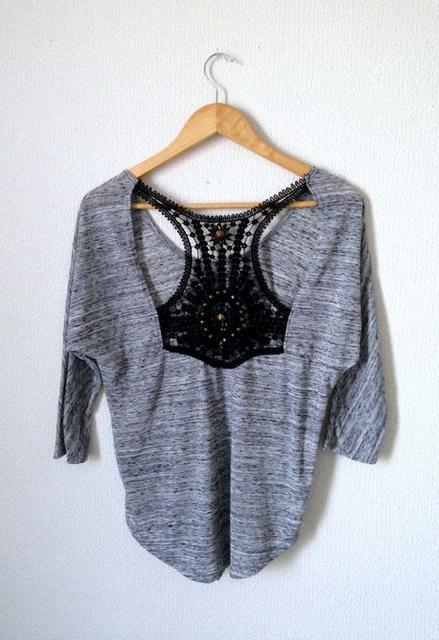 SPAKLE■グレー バックかぎ編み レース ビジュー カットソー < 女性ファッション  SPAKLE■グレー バックかぎ編み レース ビジュー カットソー < 女性ファッションの