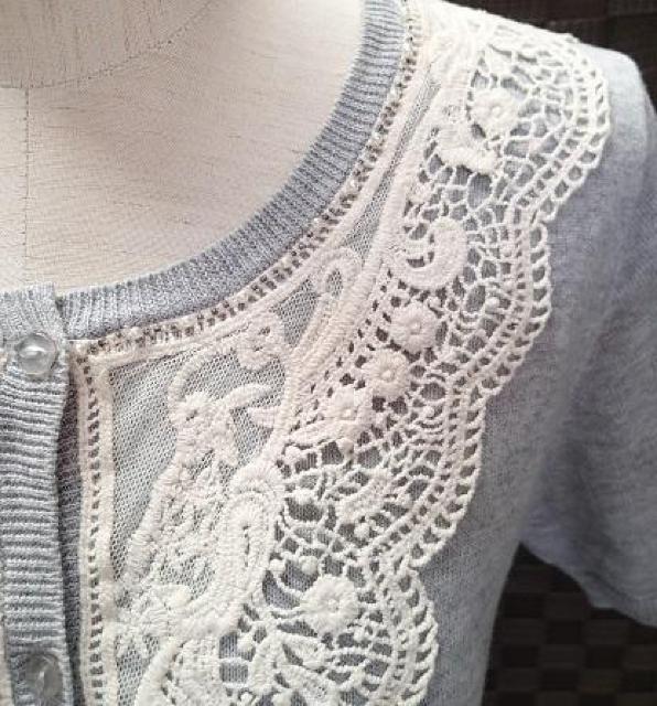 ◆Massimo マッシモ/ビーズ刺繍&レース付き デザインカーディガン 半袖 綿100%/グレー/サイズ38 < 女性ファッション  ◆Massimo マッシモ/ビーズ刺繍&レース付き デザインカーディガン 半袖 綿100%/グレー/サイズ38 < 女性ファッションの