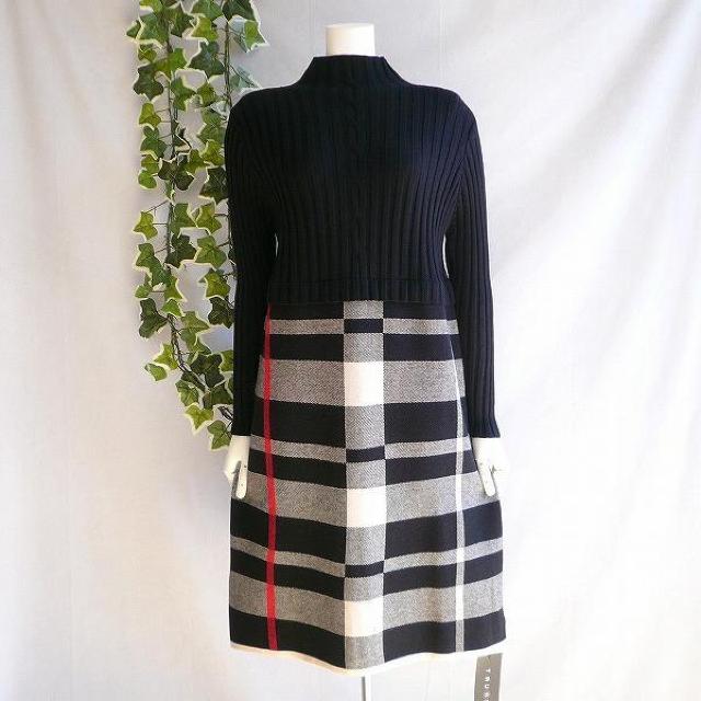 新品 9187 ML 英国調 チェック ニット ワンピース 秋 冬 リブ ケーブル編み 切替 レディース 黒系 ブラック < 女性ファッション 新品 9187 ML 英国調 チェック ニット ワンピース 秋 冬 リブ ケーブル編み 切替 レディース 黒系 ブラック < 女性ファッションの