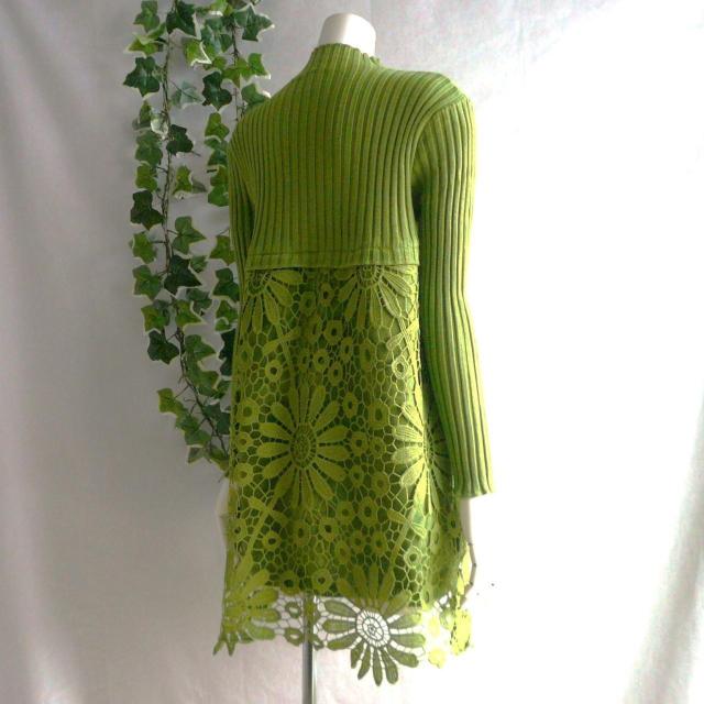 新品 9422 ML 花模様 クロシェ ニット チュニック ワンピース 秋 冬 黄緑 ボトルネック 長袖 リブニット 上品 < 女性ファッション 新品 9422 ML 花模様 クロシェ ニット チュニック ワンピース 秋 冬 黄緑 ボトルネック 長袖 リブニット 上品 < 女性ファッションの