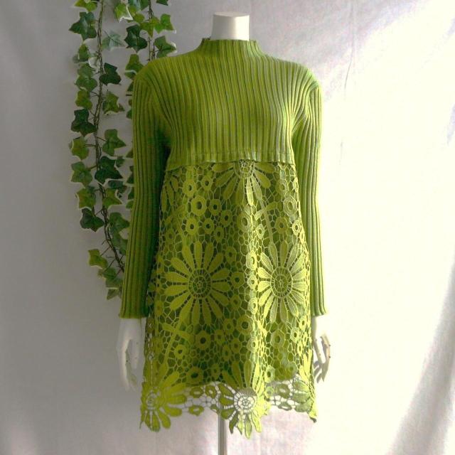 新品 9422 ML 花模様 クロシェ ニット チュニック ワンピース 秋 冬 黄緑 ボトルネック 長袖 リブニット 上品 < 女性ファッション 新品 9422 ML 花模様 クロシェ ニット チュニック ワンピース 秋 冬 黄緑 ボトルネック 長袖 リブニット 上品 < 女性ファッションの