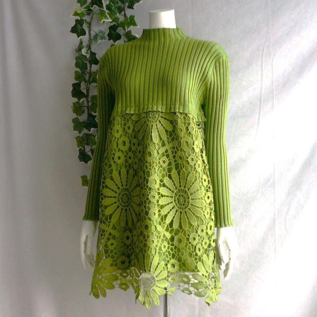 新品 9422 ML 花模様 クロシェ ニット チュニック ワンピース 秋 冬 黄緑 ボトルネック 長袖 リブニット 上品 < 女性ファッション 新品 9422 ML 花模様 クロシェ ニット チュニック ワンピース 秋 冬 黄緑 ボトルネック 長袖 リブニット 上品 < 女性ファッションの