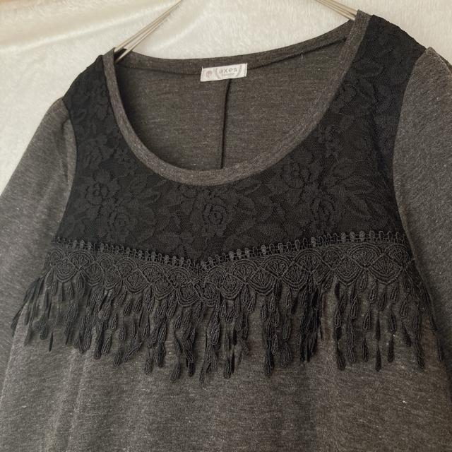 axes femme アクシーズ レースフリンジ付 五分袖 トップス カットソー ダークグレー M N2m < ブランド  axes femme アクシーズ レースフリンジ付 五分袖 トップス カットソー ダークグレー M N2m < ブランドの