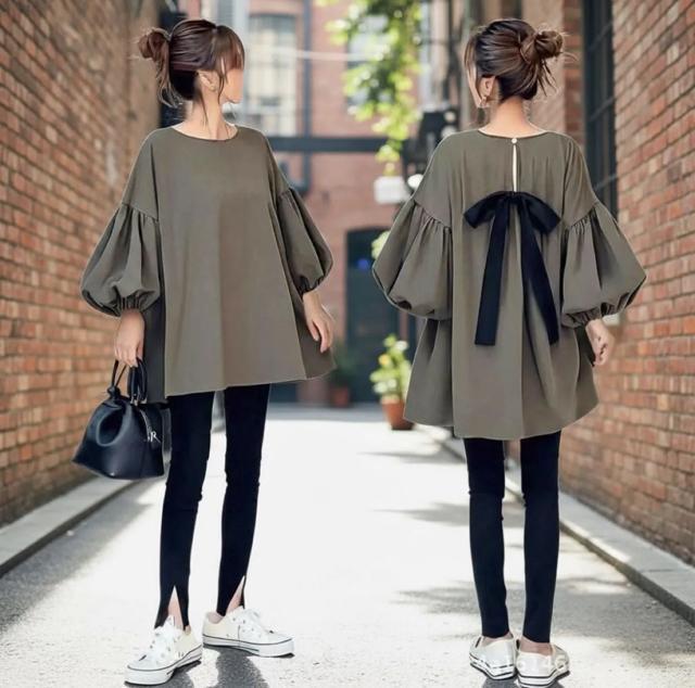 後ろリボン バルーンスリーブ チュニックブラウス レディース ゆったり 体型カバー 長袖 上品 ナチュラル 春 秋 冬 トップス < 女性ファッション  後ろリボン バルーンスリーブ チュニックブラウス レディース ゆったり 体型カバー 長袖 上品 ナチュラル 春 秋 冬 トップス < 女性ファッションの