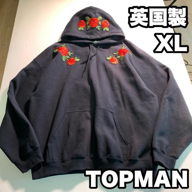 TOPMAN 英国製 XL パーカー 赤いバラ刺繍 スウェット 黒 ビンテージ 裏起毛 プルオーバー < 男性ファッション TOPMAN 英国製 XL パーカー 赤いバラ刺繍 スウェット 黒 ビンテージ 裏起毛 プルオーバー < 男性ファッションの