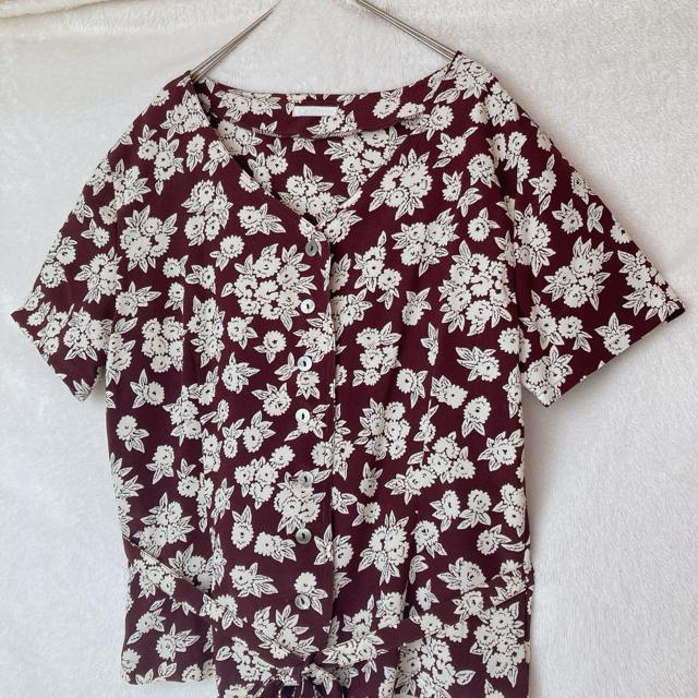 花柄 半袖 シャツ ブラウス 柄シャツ トップス バーガンディ F 日本製 N2m < 女性ファッション  花柄 半袖 シャツ ブラウス 柄シャツ トップス バーガンディ F 日本製 N2m < 女性ファッションの