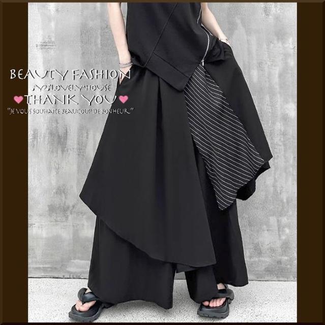 〜3L4L5L*重ね着風ストライプアシンメトリー袴パンツ*黒 < 女性ファッション  〜3L4L5L*重ね着風ストライプアシンメトリー袴パンツ*黒 < 女性ファッションの
