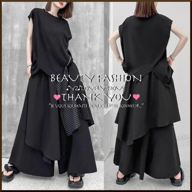〜3L4L5L*重ね着風ストライプアシンメトリー袴パンツ*黒 < 女性ファッション  〜3L4L5L*重ね着風ストライプアシンメトリー袴パンツ*黒 < 女性ファッションの