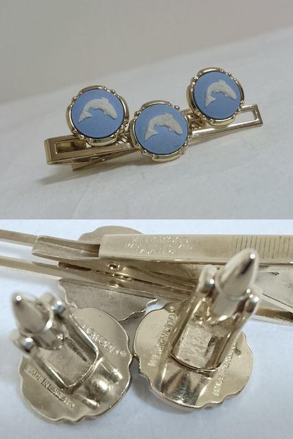 正規 ウェッジウッド ジャスパー フィッシュモチーフタイピン カフス SET 青×白×ゴールド < 男性ファッション  正規 ウェッジウッド ジャスパー フィッシュモチーフタイピン カフス SET 青×白×ゴールド < 男性ファッションの
